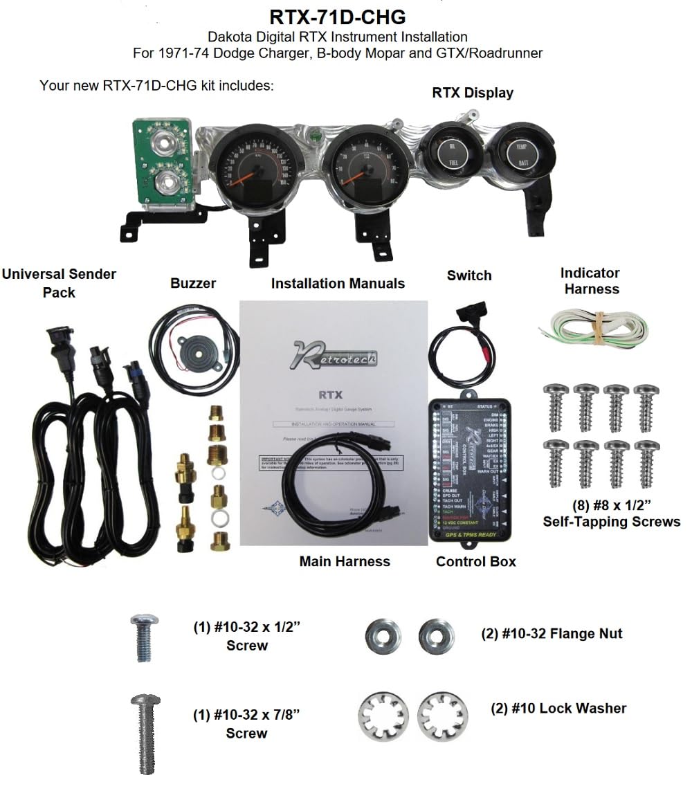 Dakota Digital Retrotech Gauge Instrument System RTX-71D-CHG-X Compatible with 1971-74 B-Body Rallye: Plymouth GTX, Road Runner and Dodge Charger, and 1971 Super Bee