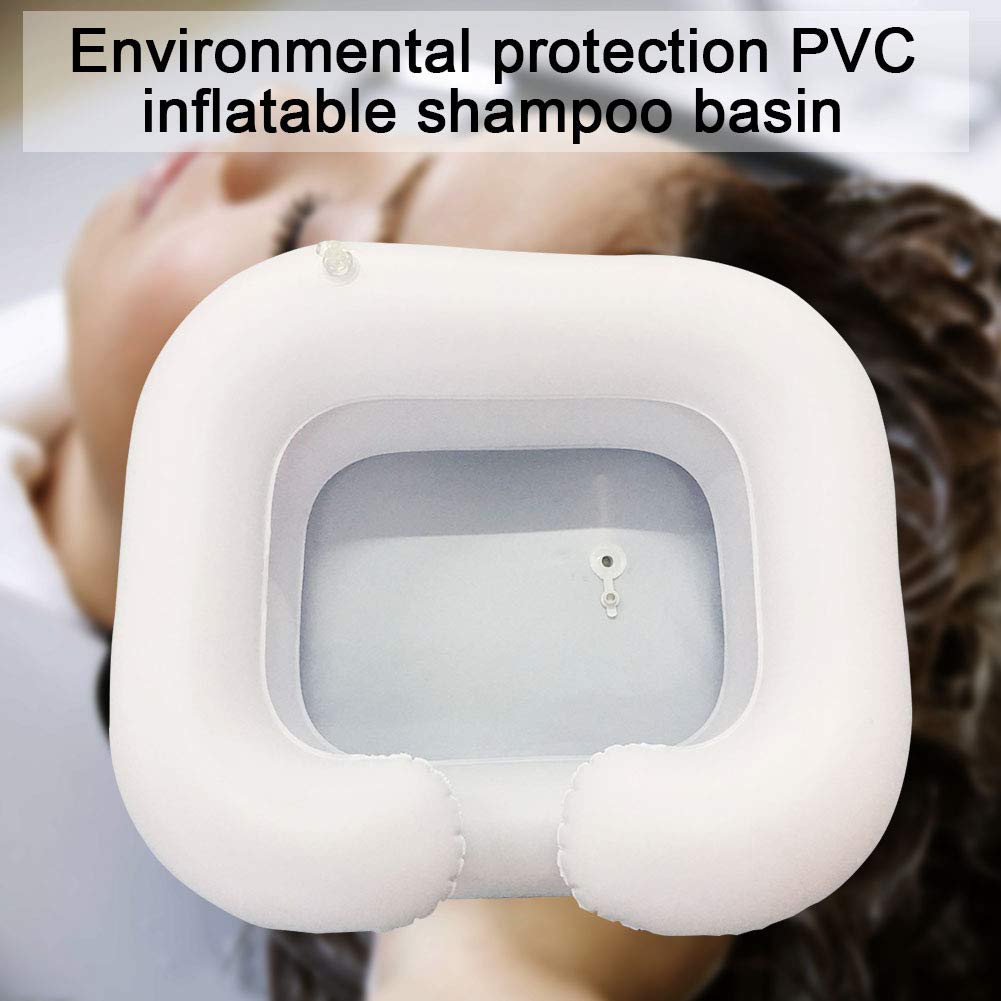 portable inflatable hair washer, inflatable shampoo basin with drain tube, bedside shower system for washing hair in bed, elderly, injured and handicapped