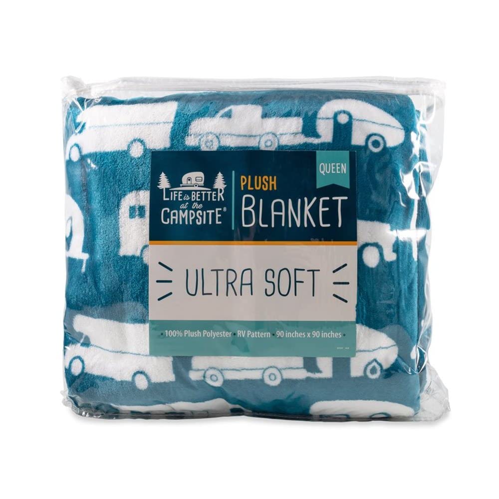 Camco Life is Better at The Campsite Plush Fleece Blanket, Queen Size - Keeps You Warm While Camping, at Home or on Picnics - Machine Washable - Features a Blue Brand RV Print