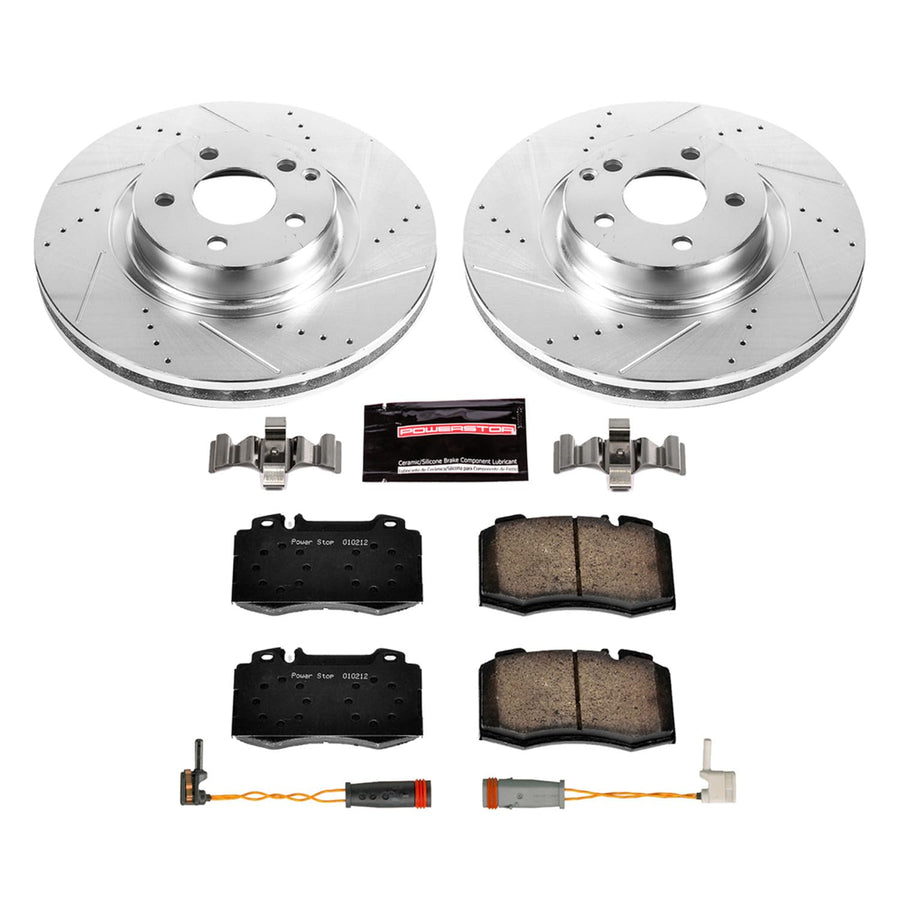 Power Stop K5241 Z23 Carbon Fiber Brake Pads Front with Drilled & Slotted Brake Rotors Kit and 2 Front Sensor Wires For Mercedes-Benz E350 2007-2009 [Model Specific]