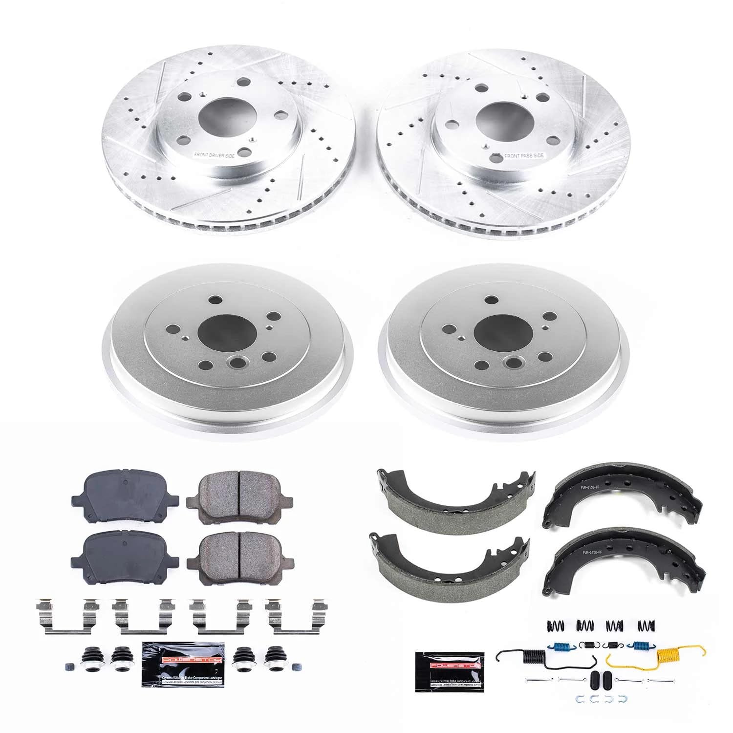 Power Stop K15065DK Z23 Carbon Fiber Brake Pads Front and Rear with Drilled & Slotted Brake Drums Kit For Toyota Solara 2002-2003 [Model Specific]