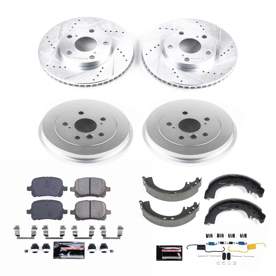 Power Stop K15065DK Z23 Carbon Fiber Brake Pads Front and Rear with Drilled & Slotted Brake Drums Kit For Toyota Solara 2002-2003 [Model Specific]