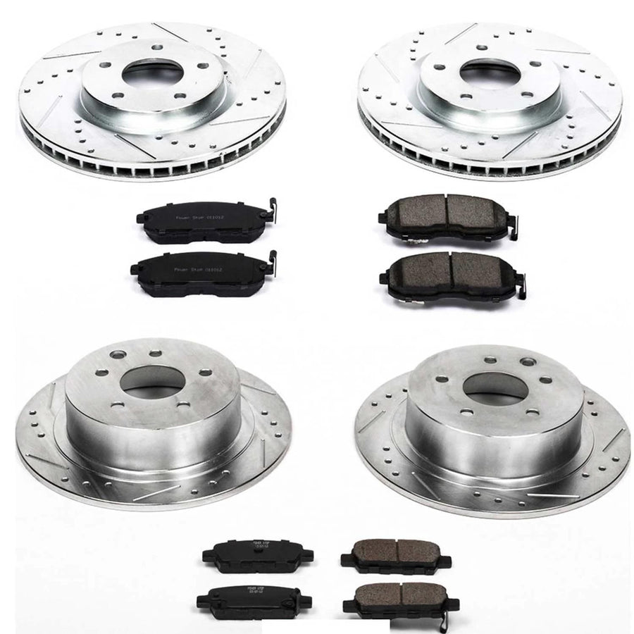 Power Stop K4475 Z23 Carbon Fiber Brake Pads Front and Rear with Drilled & Slotted Brake Rotors Kit For Nissan Sentra 2007-2012 [Model Specific]