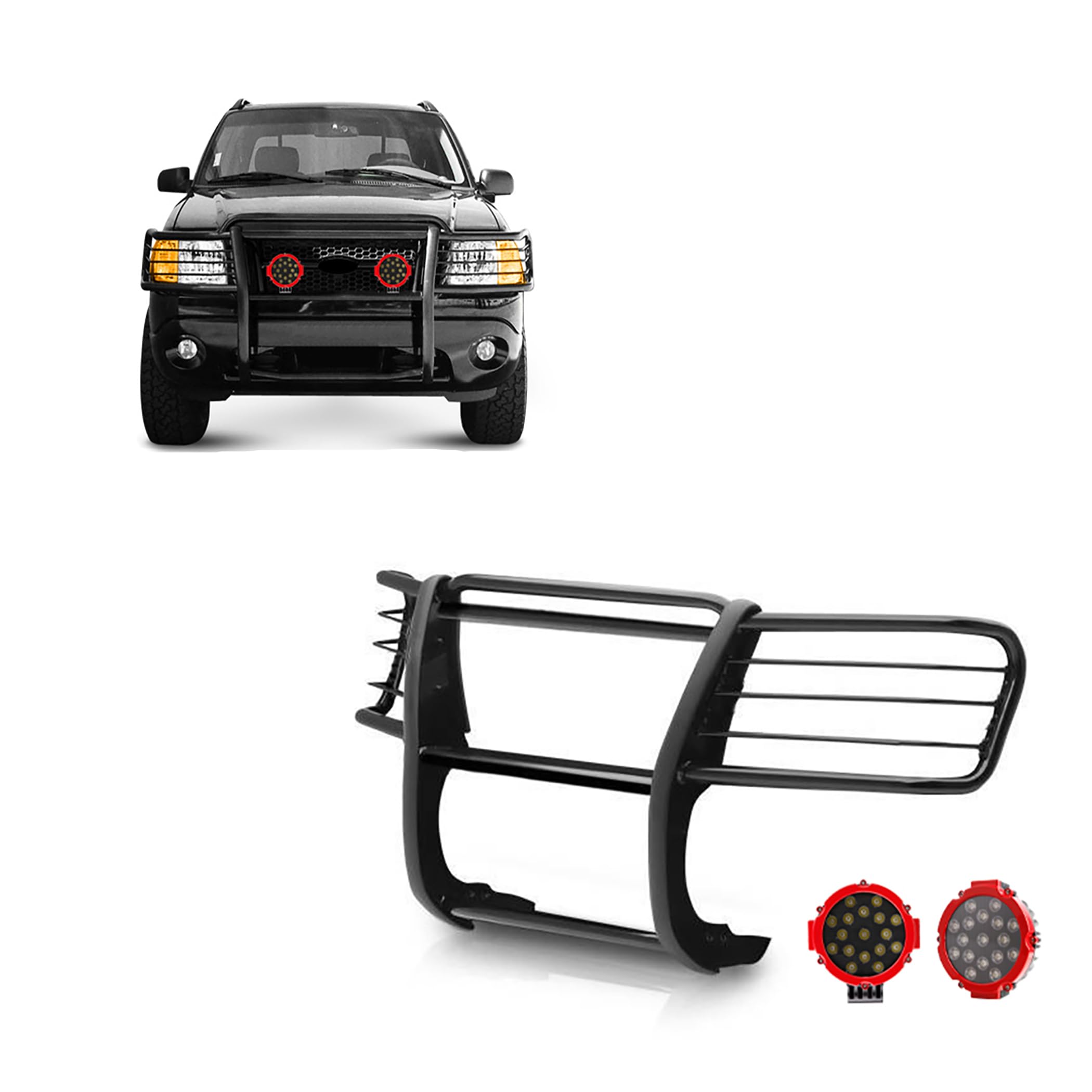 Bumper Guard Modular Black Black Horse Grille brush Come With pair of 7.0"Dia.LED Lights with Red Trim Rings Compatible with 2002-2005 Ford Explorer-17FJ26MA-PLR