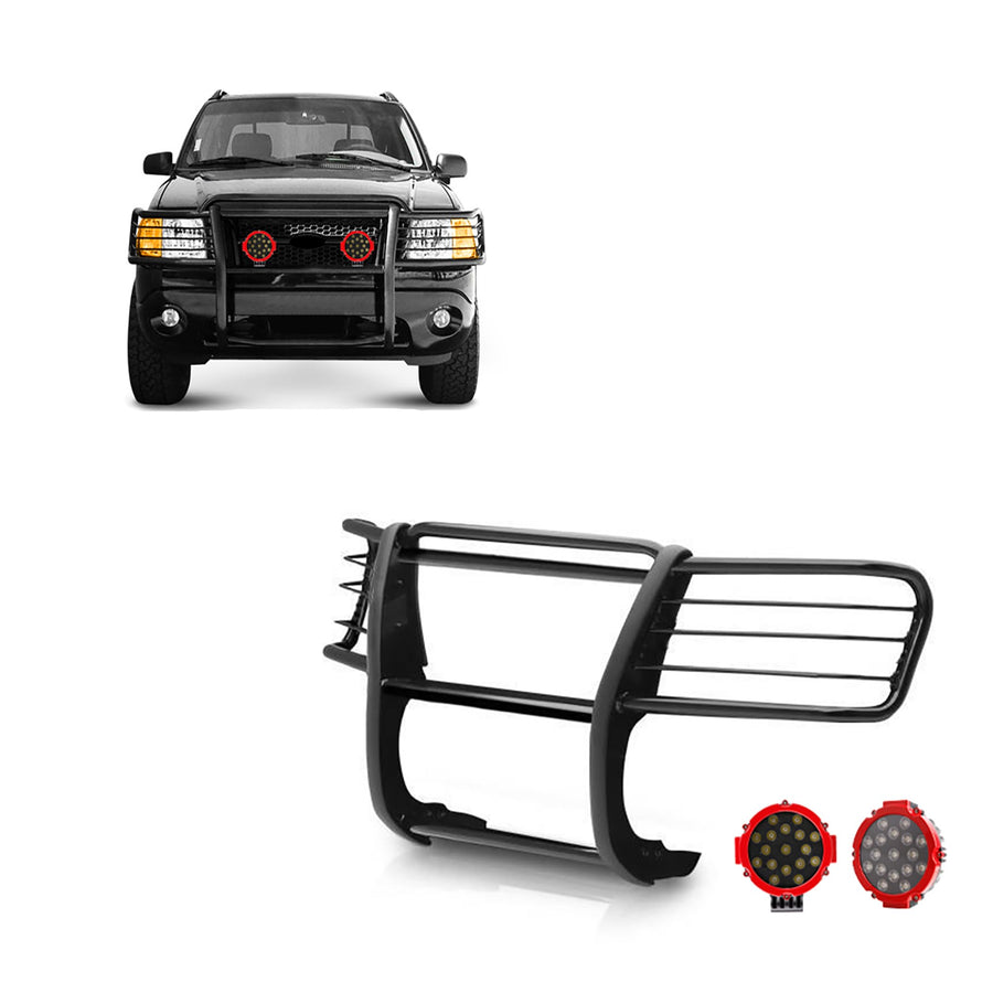 Bumper Guard Modular Black Black Horse Grille brush Come With pair of 7.0"Dia.LED Lights with Red Trim Rings Compatible with 2002-2005 Ford Explorer-17FJ26MA-PLR