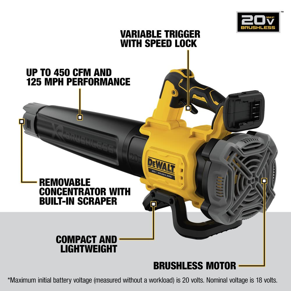 20V MAX* DEWALT XR Leaf Blower, Cordless, Handheld, 125-MPH, 450-CFM (Tool Only-Battery & Charger not Included) (DCBL722B)