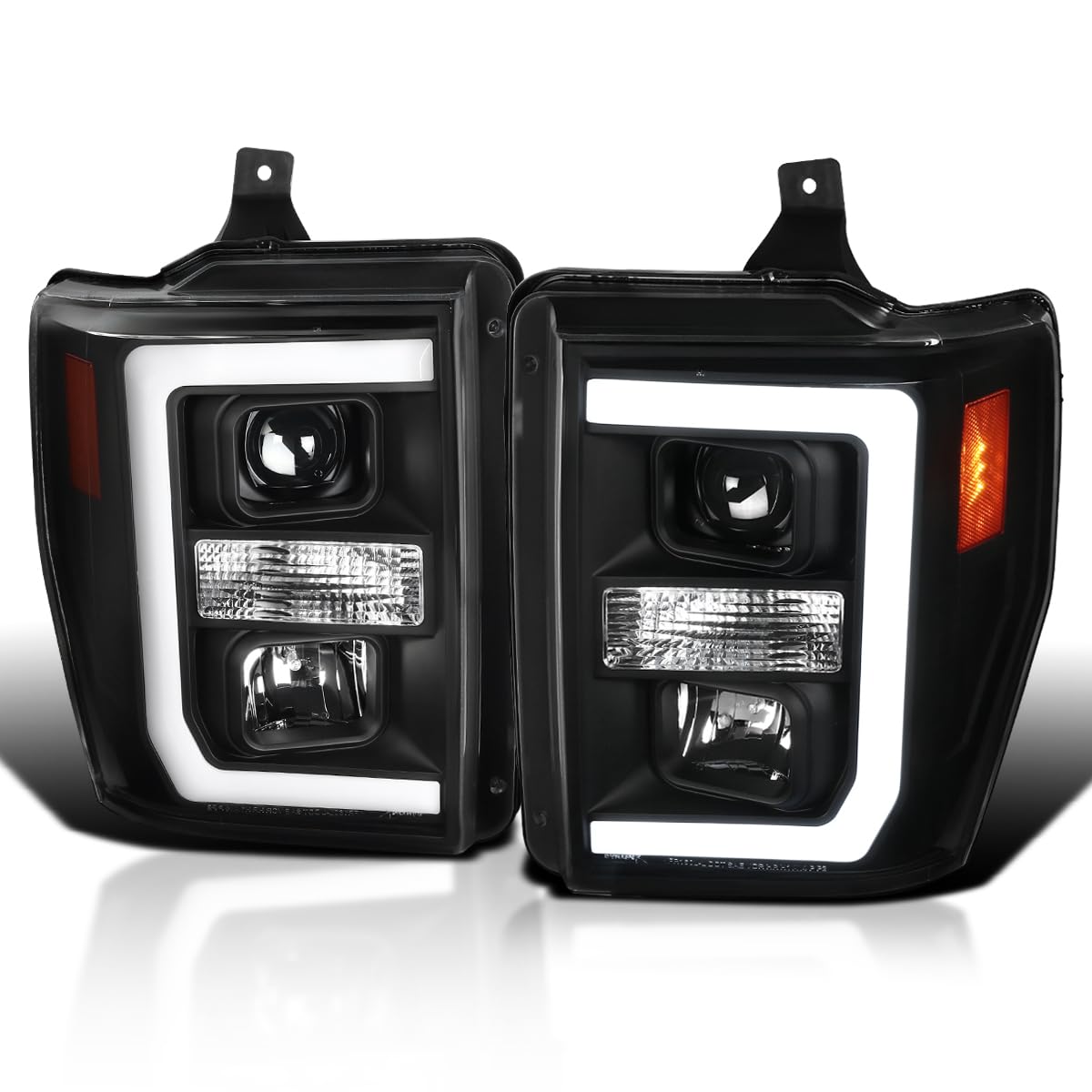 Black Projector Headlights w/LED Bar SPEC-D TUNING Compatible with 2008-2010 Ford F-250, F-350, F-450, F-550 Super Duty, Left + Right Pair Headlamps Assembly