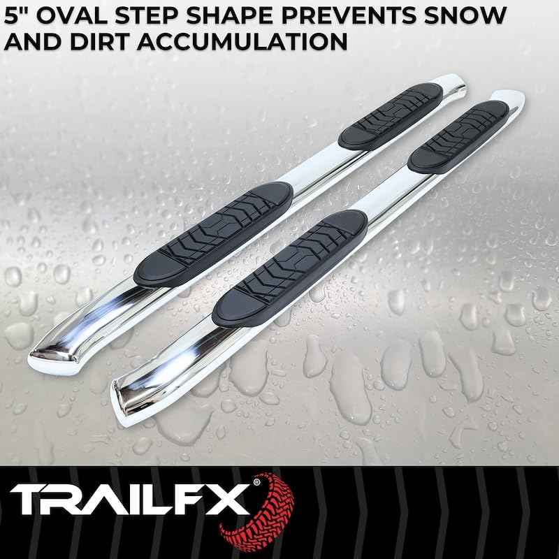 Toyota Tundra CrewMax TrailFX A7078S Truck Running Board Fits 2007-2021 Oval 5 Inch Bent Side Bars with Step Pads, Polished Stainless Steel, Welded End Caps, Rocker Panel Mount