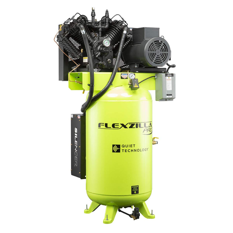 Flexzilla Pro Air Compressor with Silencer, 1-Phase, Stationary, 10 HP, 80 Gallon, 2-Stage, Vertical, ZillaGreen - FXS10V080V1