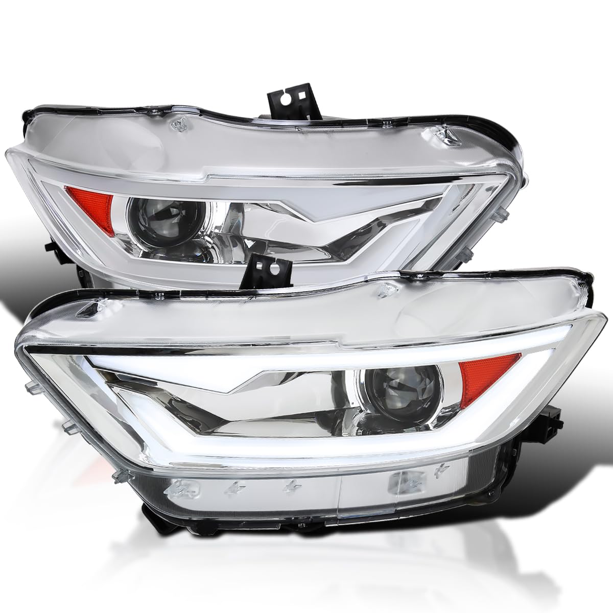 Chrome Projector Headlights SPEC-D TUNING w/LED Bar and Startup Animation Compatible with 2015-2017 Ford Mustang, 2018-2020 Ford Mustang Shelby, Left + Right Pair Headlamps Assembly