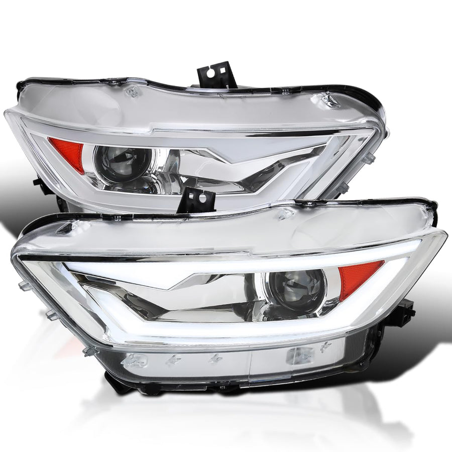 Chrome Projector Headlights SPEC-D TUNING w/LED Bar and Startup Animation Compatible with 2015-2017 Ford Mustang, 2018-2020 Ford Mustang Shelby, Left + Right Pair Headlamps Assembly