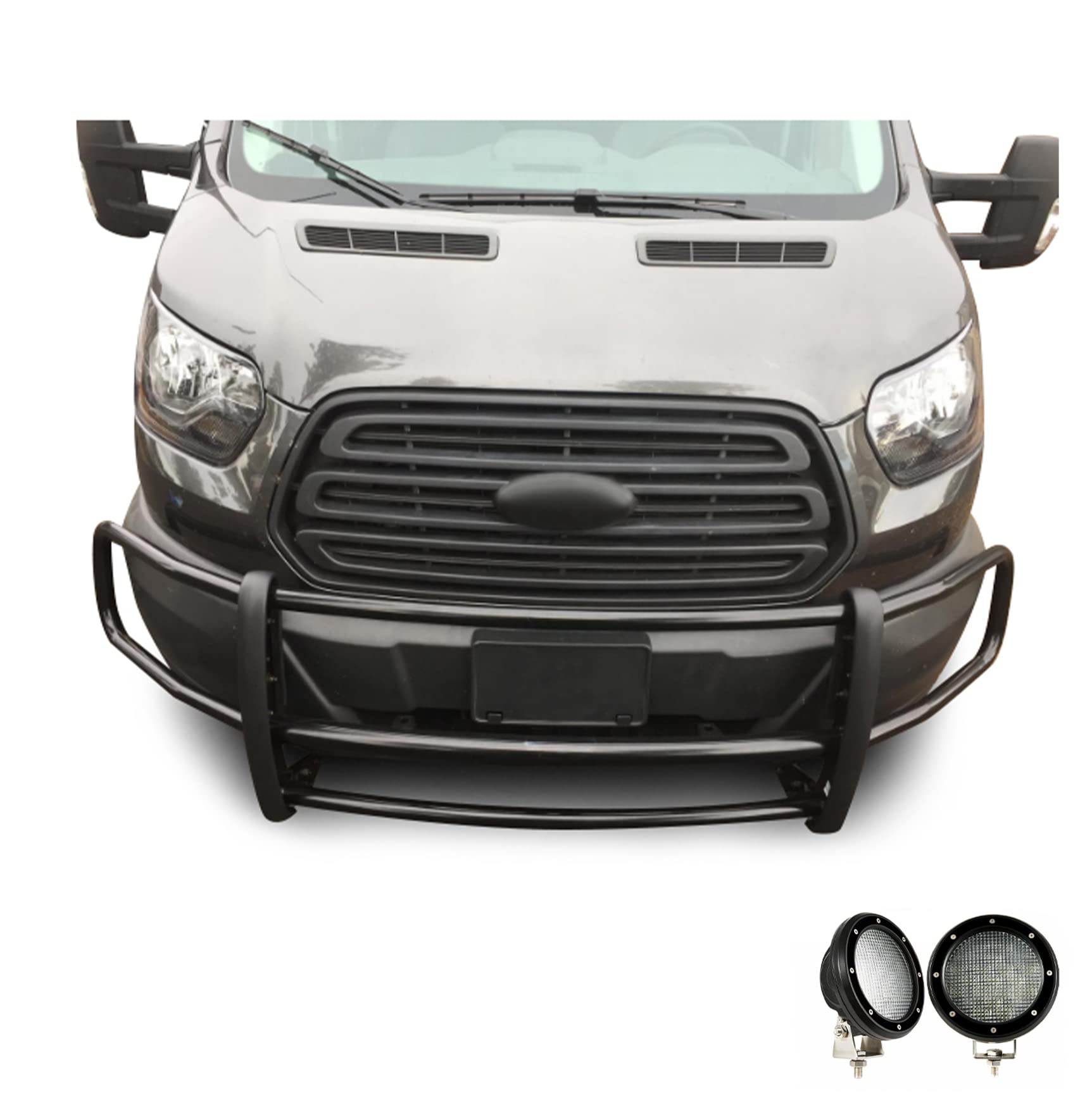 SPARTAN Black Horse Grille brush Bumper Guard Modular Come with Pair of 5.3"LED Lights with Black Trim Rings Compatible with 2015-2019 Ford Transit-150/Transit-250/Transit-350-17FOTRMA-PLFB
