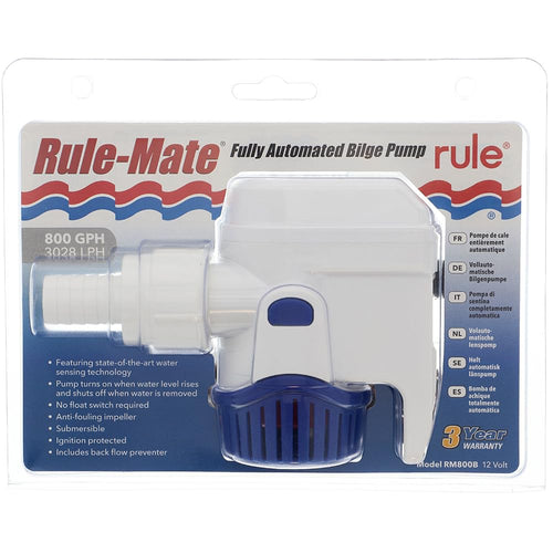 Automatic Rule-Mate Submersible Bilge Pumps 12V RM800B- 800GPH with Auto Sense Intelligence - Thermal Cut-Off & Backflow Prevention - Compact Design for Boats - Easy Install Threaded Discharge