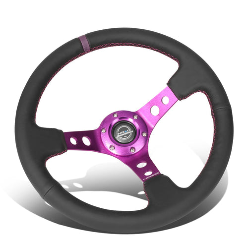 NRG Innovations Reinforced NRG-RST-006PP Steering Wheel 350MM Sport Steering Wheel (3" Deep), Black Leather, Purple Center Mark with Purple Stitching