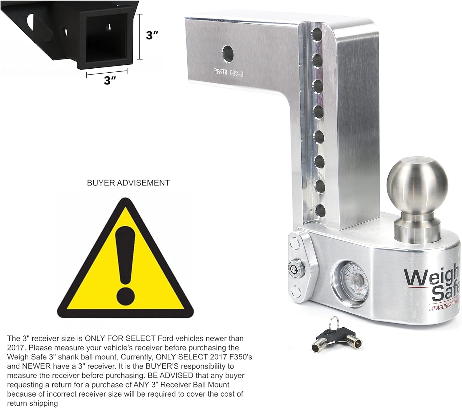 Weigh Safe Adjustable Aluminum Trailer Hitch - Anti-Sway Towing Hitch for 3" Receivers - 10" Drop Hitch, 21,000 lbs GTW, 4-Piece Lock Set