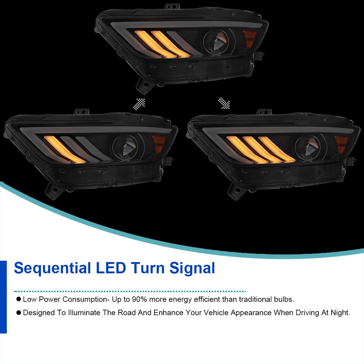 Glossy Black Smoke SPEC-D TUNING Projector Headlights w/Sequential LED Turn Signal Compatible with 2015-2017 Ford Mustang Coupes w/HID/Xenon, Left + Right Headlamp Assembly