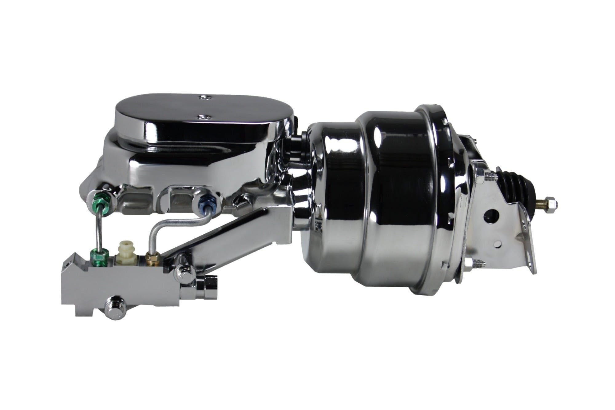Power Front Disc Brake Conversion Kit Leed Brakes 2" Drop Spindles Cross Drilled And Slotted Rotors With 7" Dual Chrome Booster Flat Top Chrome M/C Disc/Drum Side Mount