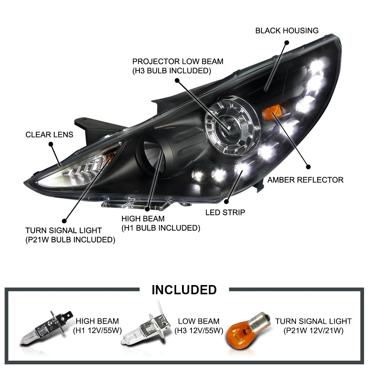 Black Projector Headlights SPEC-D TUNING Compatible with 2011-2014 Hyundai Sonata, Left + Right Pair Headlamps Assembly