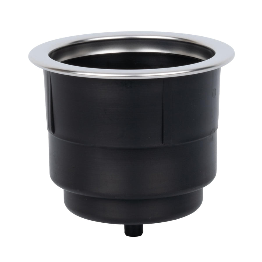 T-H Marine Drink Holder Molded with Fixed Stainless Steel Rim – Corrosion Resistant 316 Stainless – Built-in Drain Hole – Stepped Cup Design – Fits Multiple Drink Sizes – Black Plastic Insert