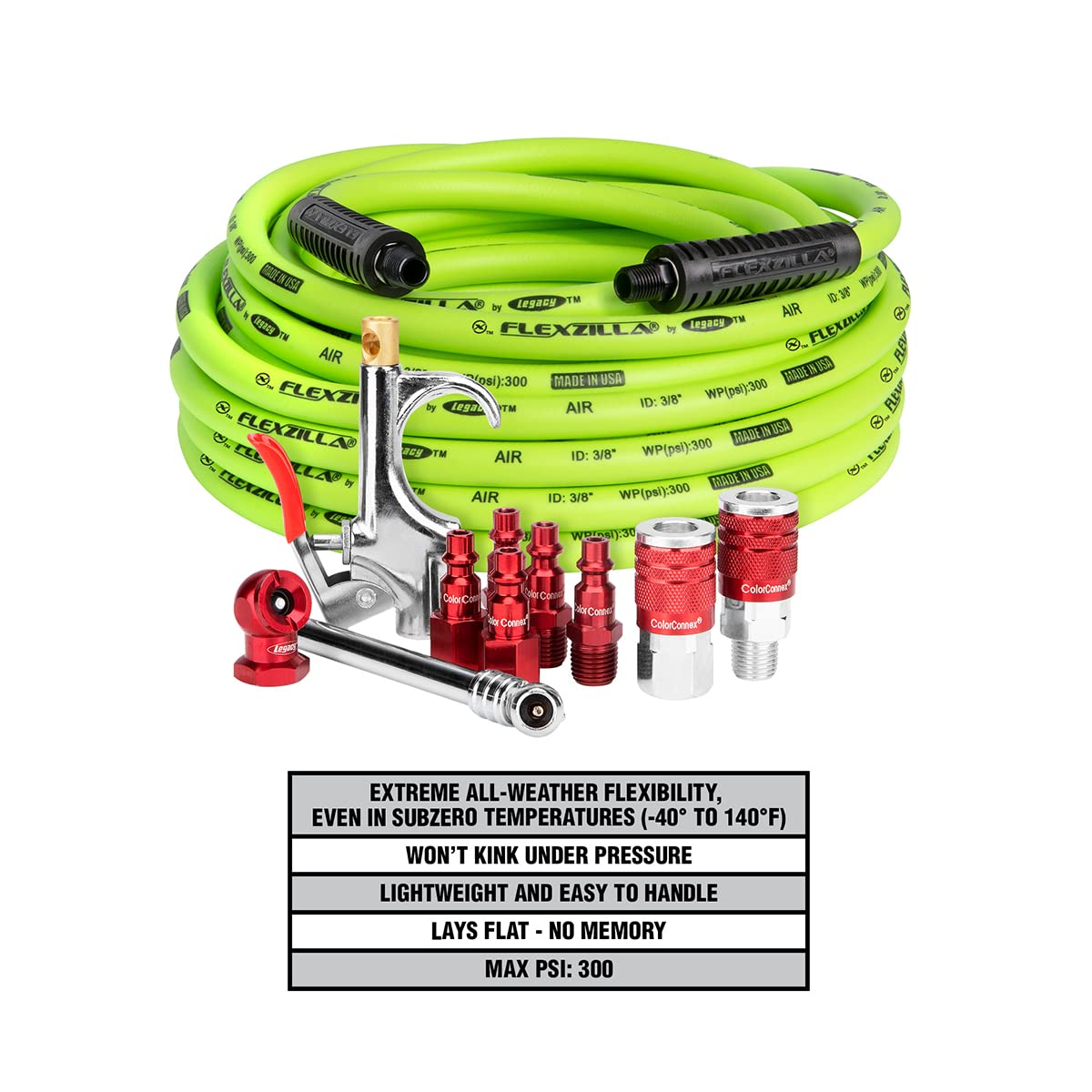 Flexzilla Legacy HFZCLB11D 3/8" x 50' Air Compressor Hose 11 pc Coupler Plug Blow Gun Kit