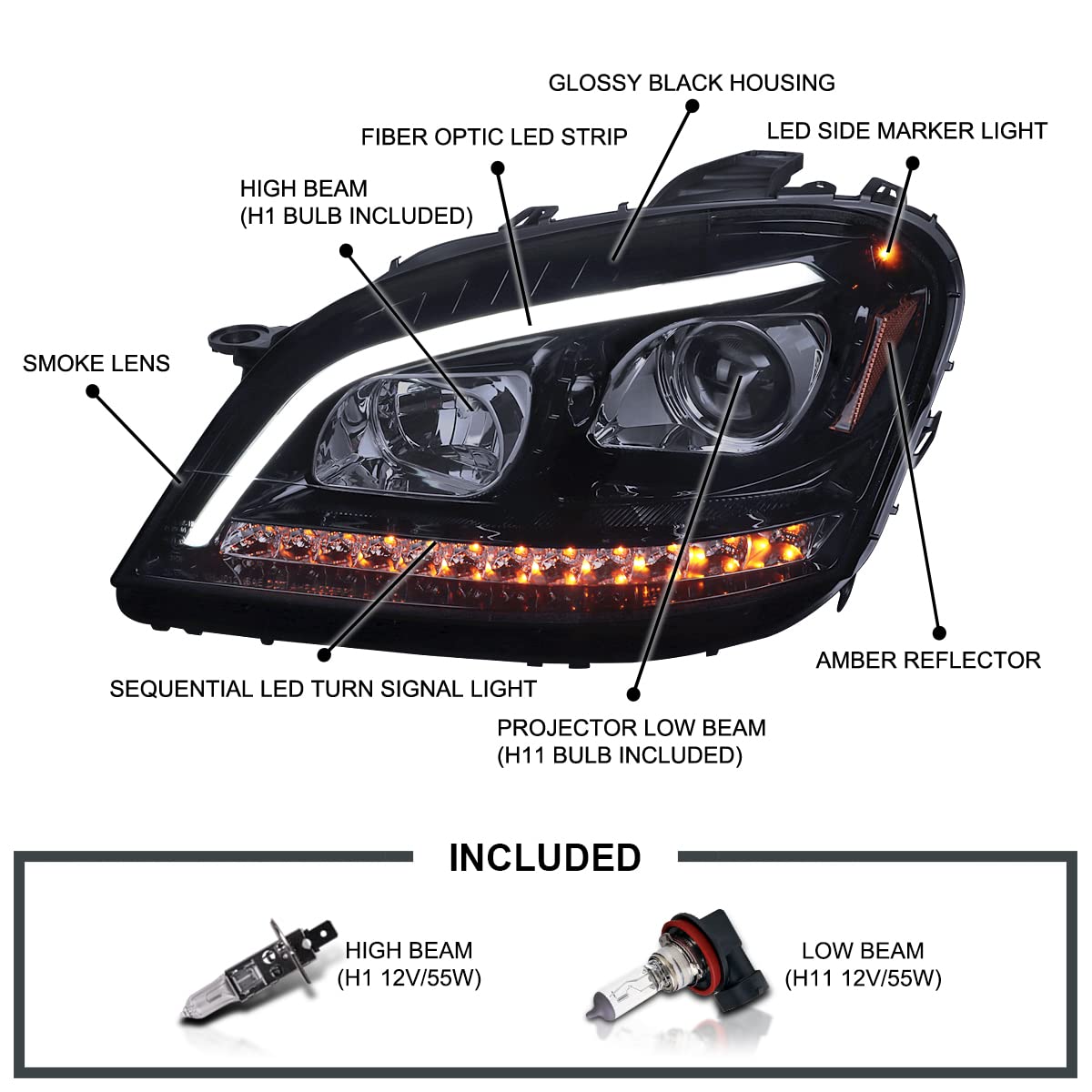 Smoke Projector Headlights SPEC-D TUNING w/LED Sequential Signal Compatible with 2006-2008 Mercedes Benz W164 ML350 ML500 ML-Class, Left + Right Pair Headlamps Assembly