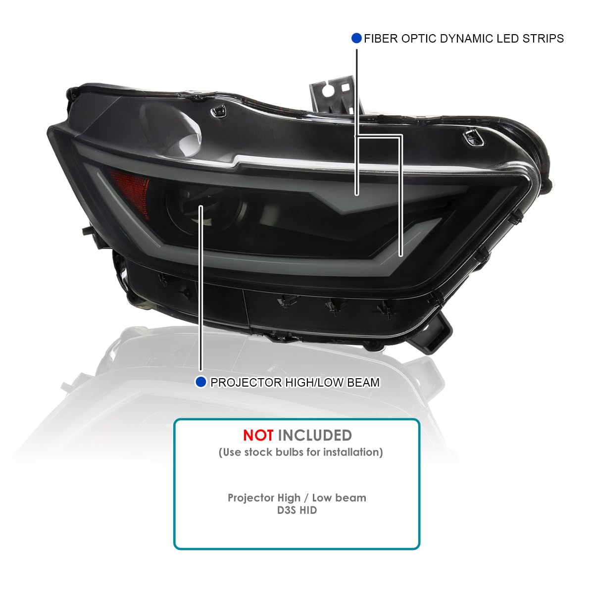 Black Smoke SPEC-D TUNING Projector Headlights w/LED Bar and Startup Animation Compatible with 2015-2017 Ford Mustang, 2018-2020 Ford Mustang Shelby, Left + Right Pair Headlamps Assembly