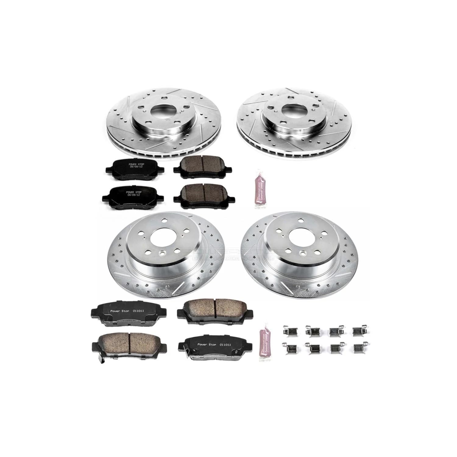 Power Stop K6345 Z23 Carbon Fiber Brake Pads Front and Rear with Drilled & Slotted Brake Rotors Kit For Toyota Avalon 1998-1999 [Model Specific]