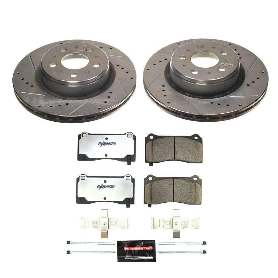 POWERSTOP K8844-26 Front Carbon-Fiber Ceramic Brake Pad with Drilled and Slotted Rotor Kit Z26 Street Warrior For Tesla 3 2017-2021 [Model Specific]