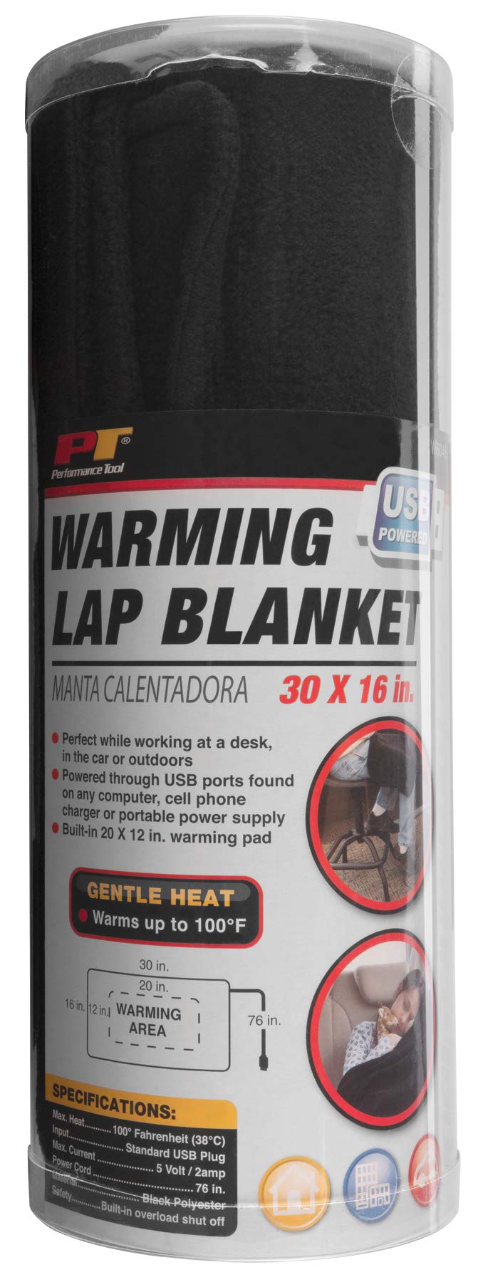 USB Heated Lap Blanket Performance Tool W6046 - 20 x 12" Size, 76" Cord, Overload Shut Off, Perfect for Home or Office Use