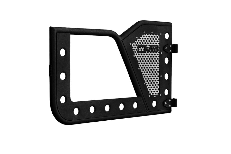 Rock Doors for Wrangler JL & Gladiator JT | DV8 Offroad | RDJL-01F | Tubular Design | Anti Rattle Stopper | Aluminum Mesh Inserts | Trail Mirror Included | Black Textured Finish | Front Door Set