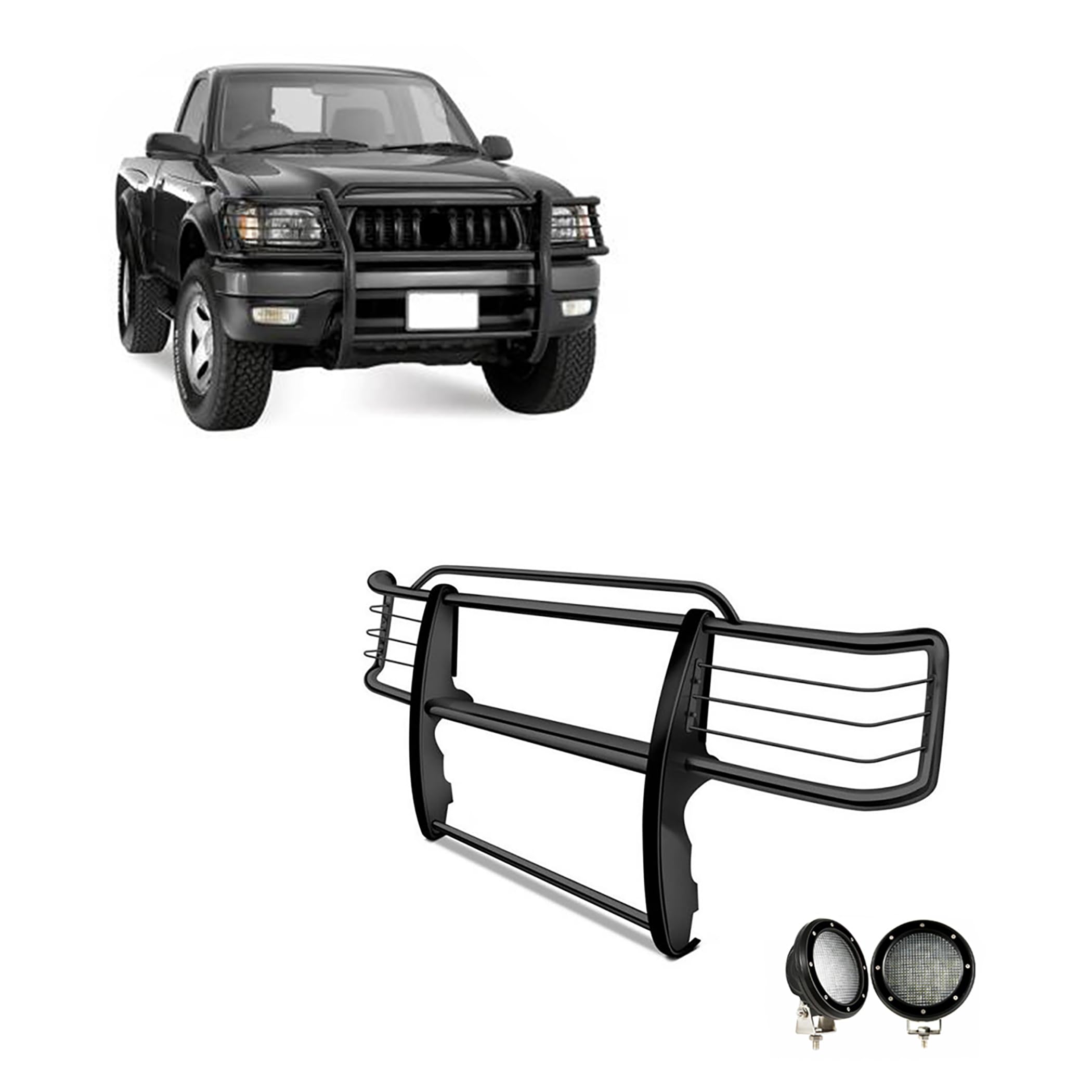 Bumper Guard Black Horse Grille brush Modular Come with Pair of 5.3" Dia.LED Lights with Black Trim Rings Compatible with 2001-2004 Toyota Tacoma-17TO23MA-PLFB