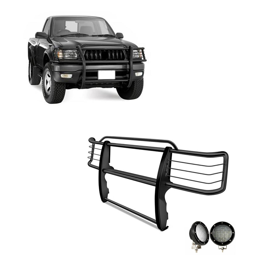 Bumper Guard Black Horse Grille brush Modular Come with Pair of 5.3" Dia.LED Lights with Black Trim Rings Compatible with 2001-2004 Toyota Tacoma-17TO23MA-PLFB