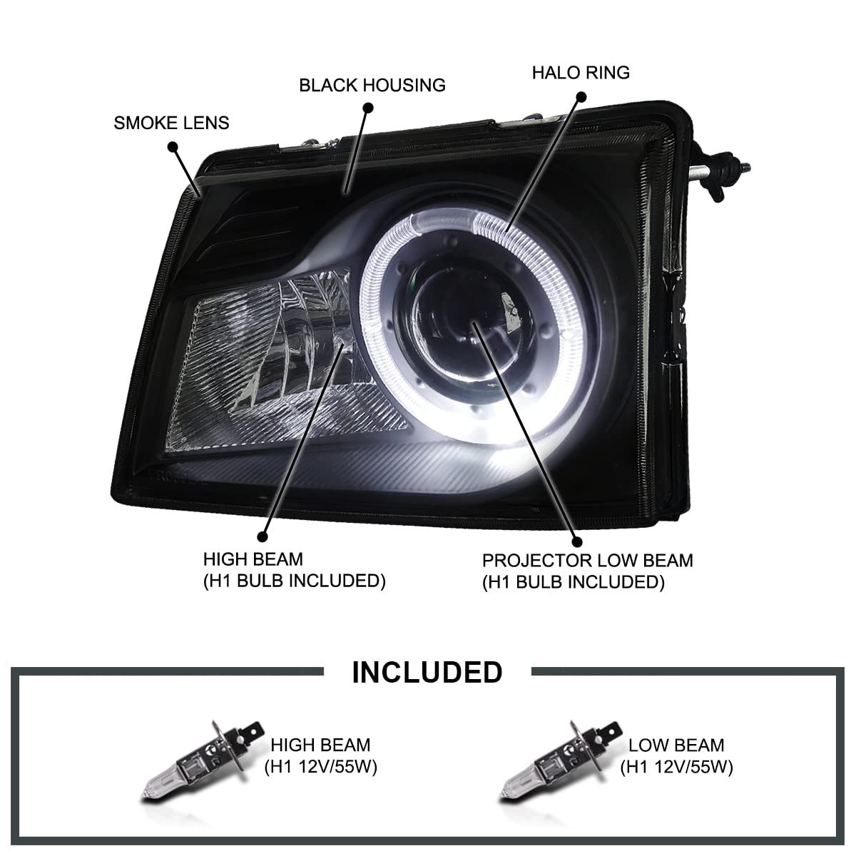 Black Smoke SPEC-D TUNING Projector Headlights Head Lamps w/Halo Rim Compatible with 1998-2000 Ford Ranger Left + Right Pair Headlamps Assembly