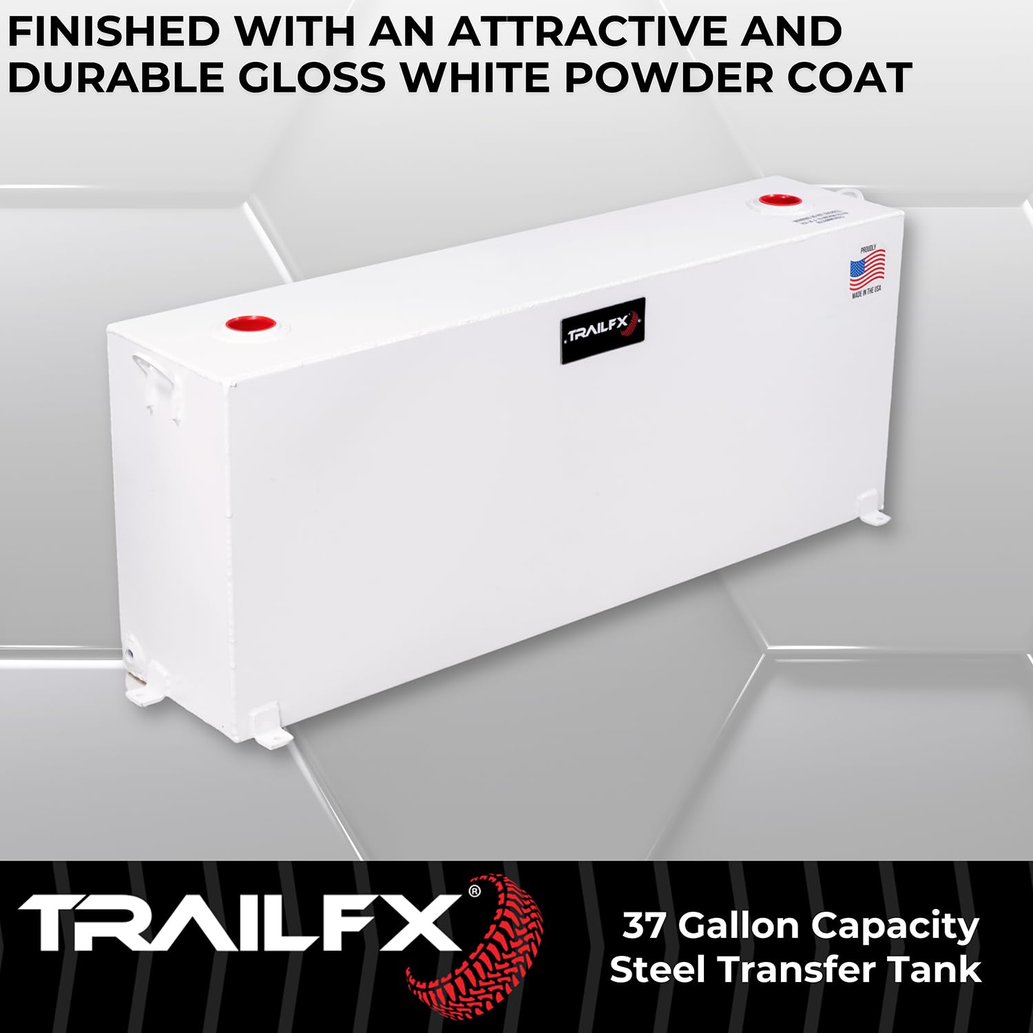 Liquid Transfer Tank TrailFX 21040SW 37 Gallon Capacity Rectangular Vertical Steel Tank Gloss White Powder Coat Vented Lockable Cap For Diesel and Non-Flammable Liquids