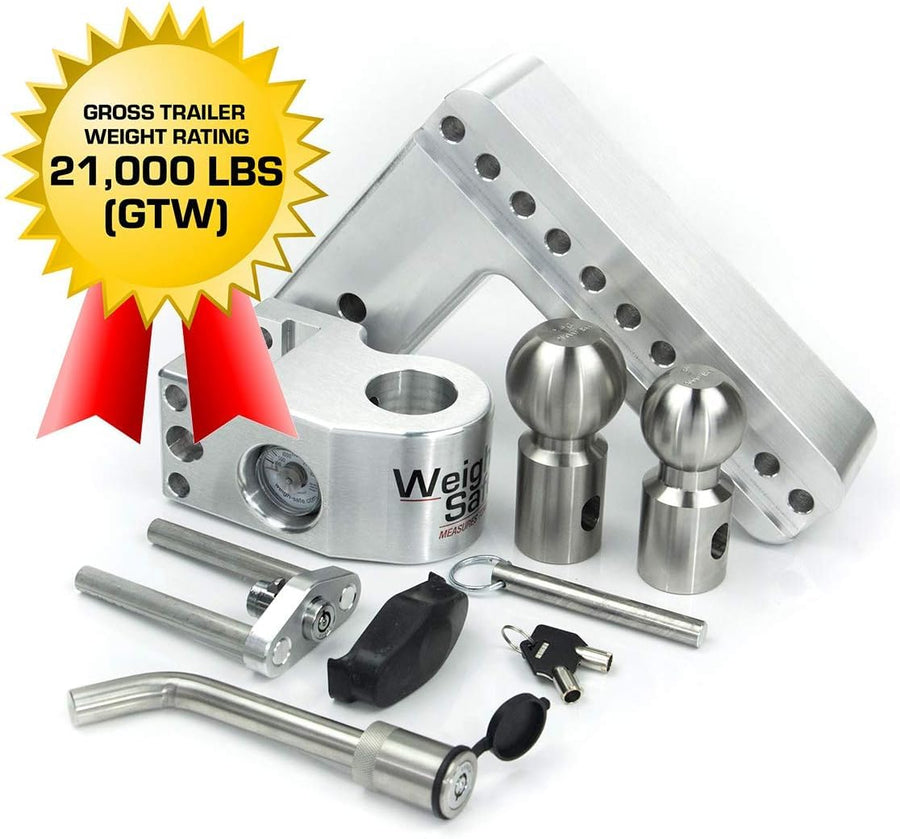 Weigh Safe Adjustable Aluminum Trailer Hitch - Anti-Sway Towing Hitch for 3" Receivers - 8" Drop Hitch, 21,000 lbs GTW, 2-Piece Lock Set