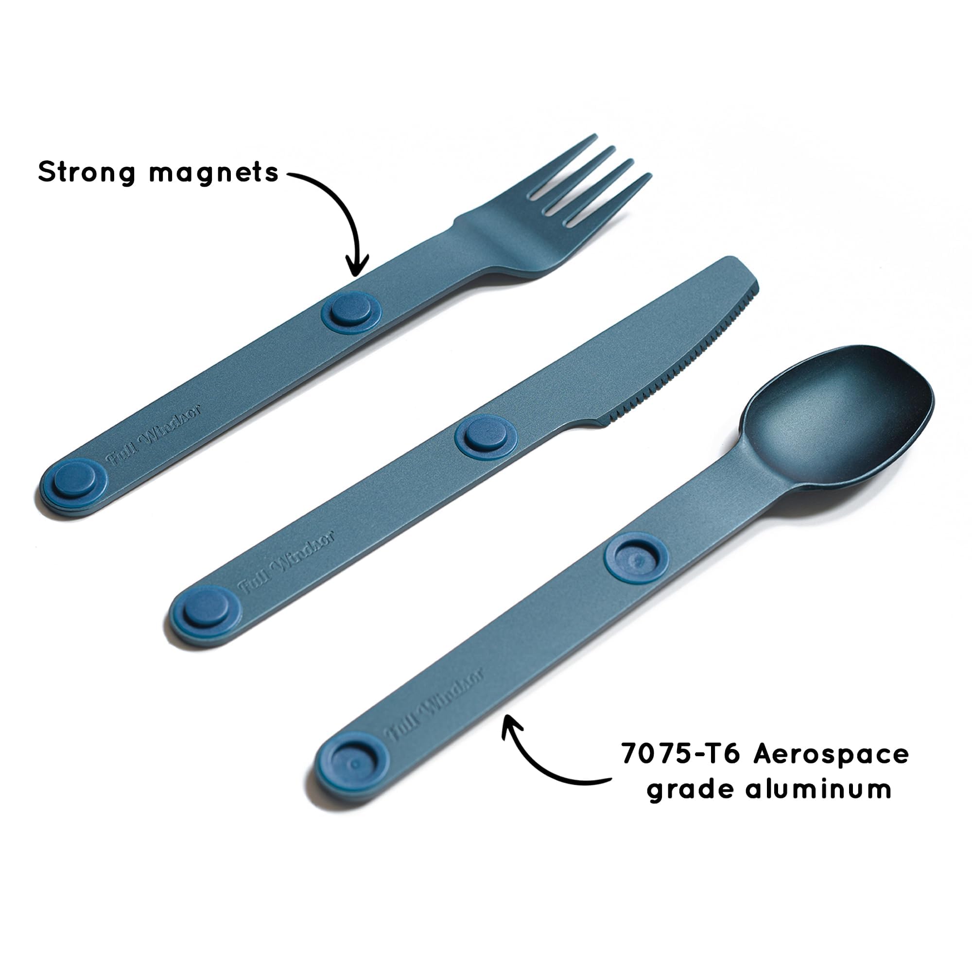 MAGWARE - FULL WINDSOR Magnetic Camping Cutlery Set - Travel Utensils for Camping, Cooking, and Outdoor Dining - Knife, Fork & Spoon - Portable Silverware with Pouch - Blue (3 PCS)