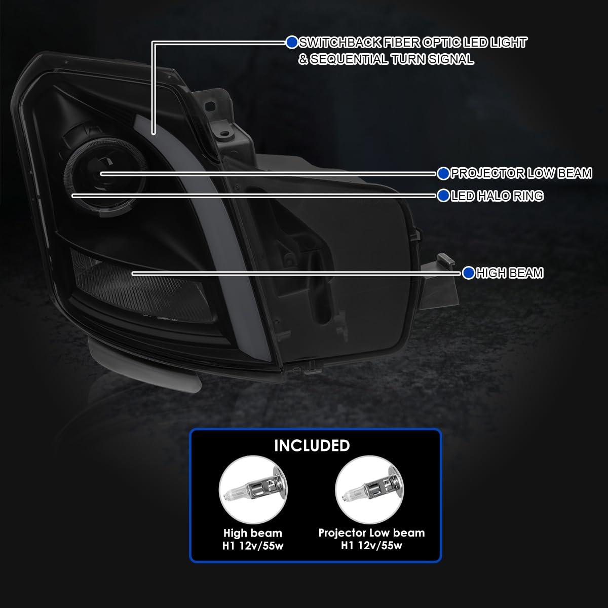 Black Smoke SPEC-D TUNING Halo Projector Headlights w/Switchback LED Signal Tube Compatible with 2003-2007 Cadillac CTS, Left + Right Pair Headlamps Assembly