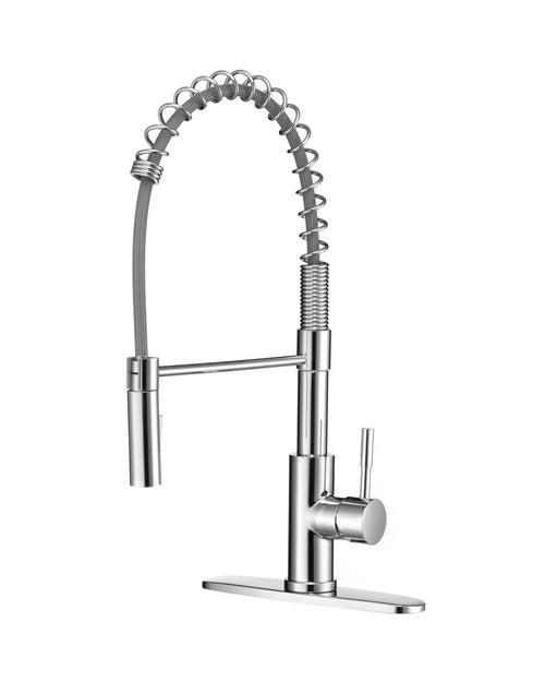 Dura Faucet RV Swivel DF-MK504SLK-CP High-Arc Spring Kitchen Sink Faucet - Single Handle - Kitchen Faucet with Pull-Down Sprayer - Optional Deck Plate (Chrome)