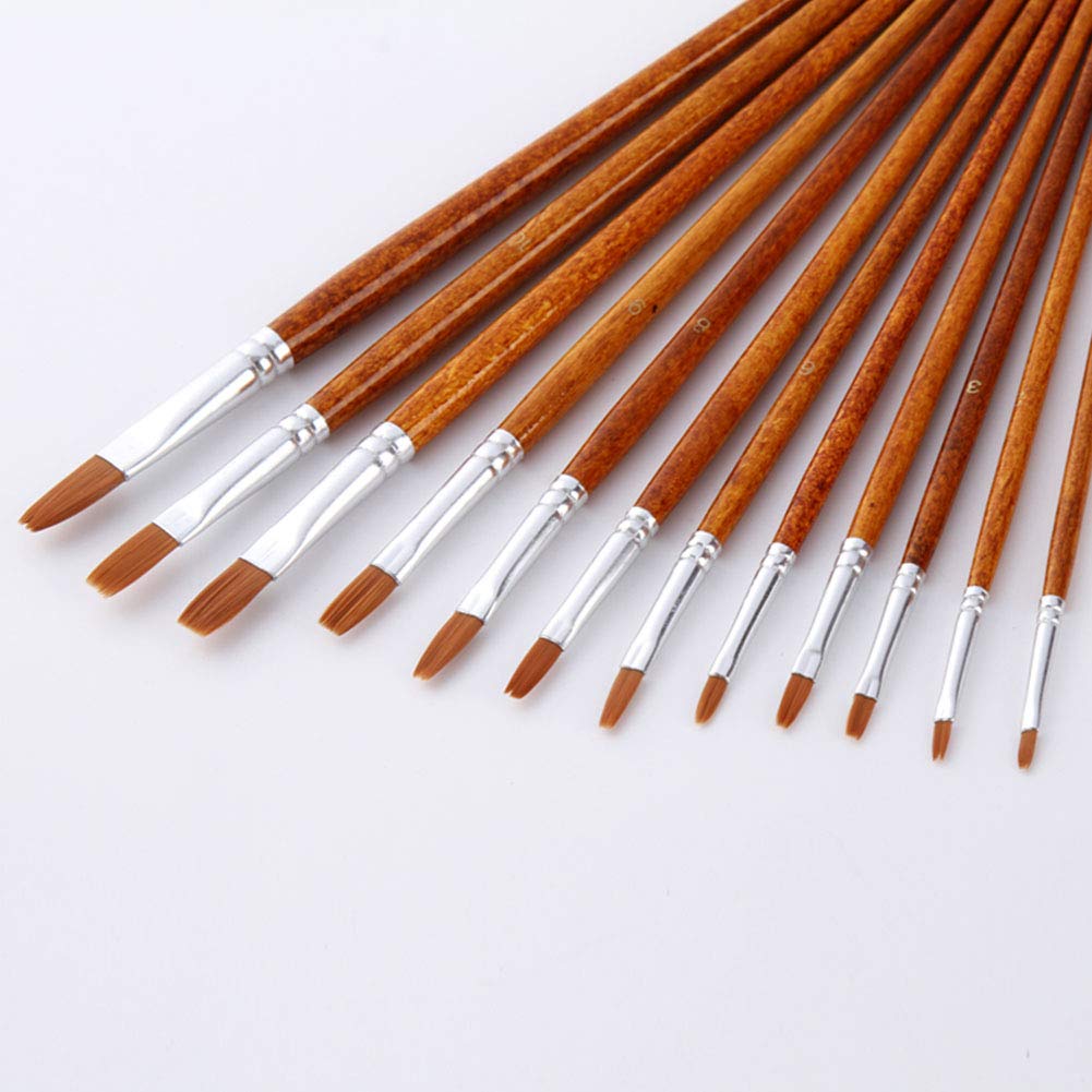 12pcs Paint Brush Oil Painting Set Watercolor Acrylic Wood Handles Art Supplies Reusable Nylon Fine Pointed Flat Drawing