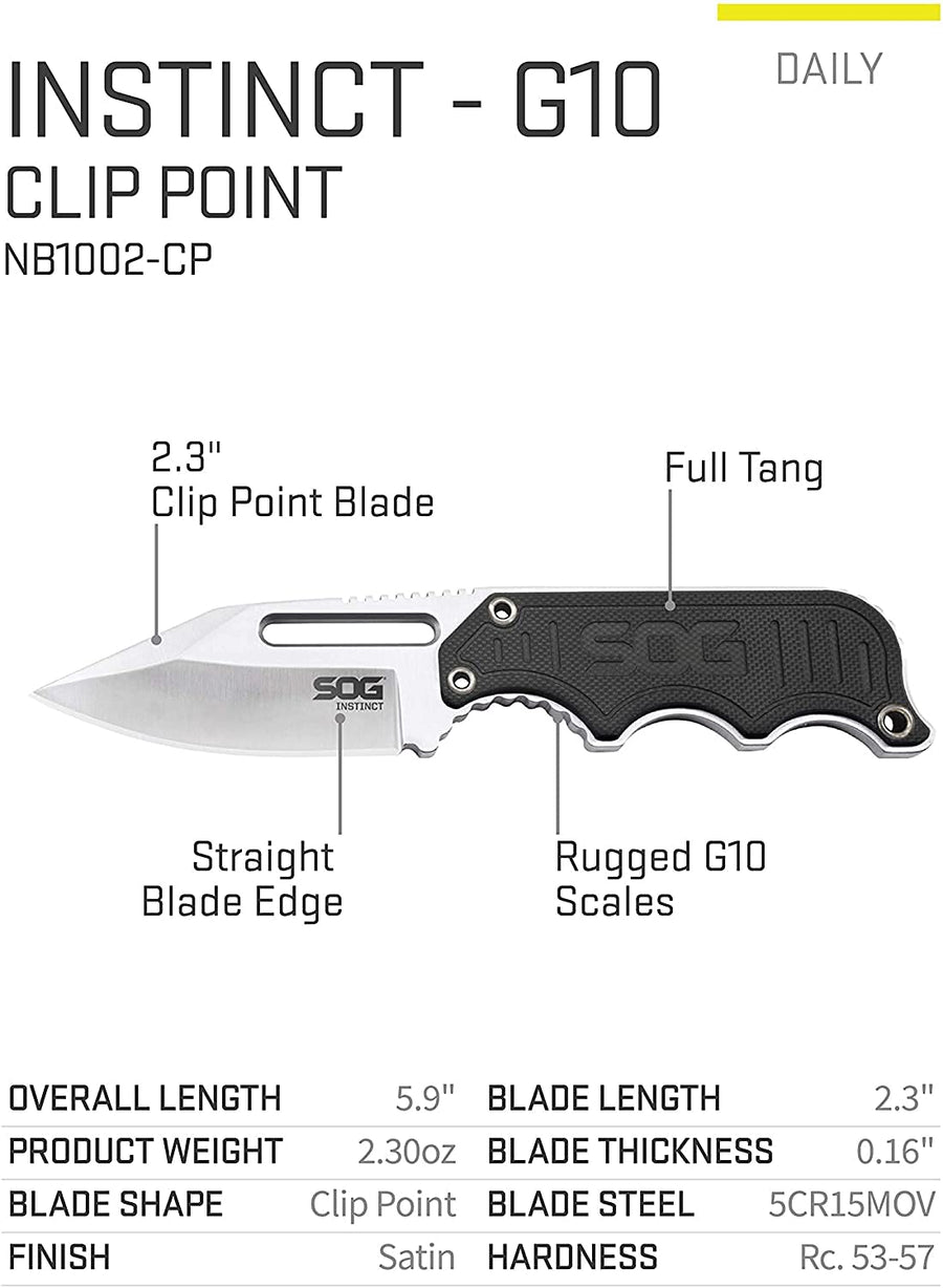 SOG Instinct Boot Knife - Small Fixed Blade Knife, EDC Knife, Neck Knife, 2.3 Inch Full Tang Blade w/ Knife Sheath and Clip, 4in. x 1in. x 8.5in. (NB1012-CP), Black