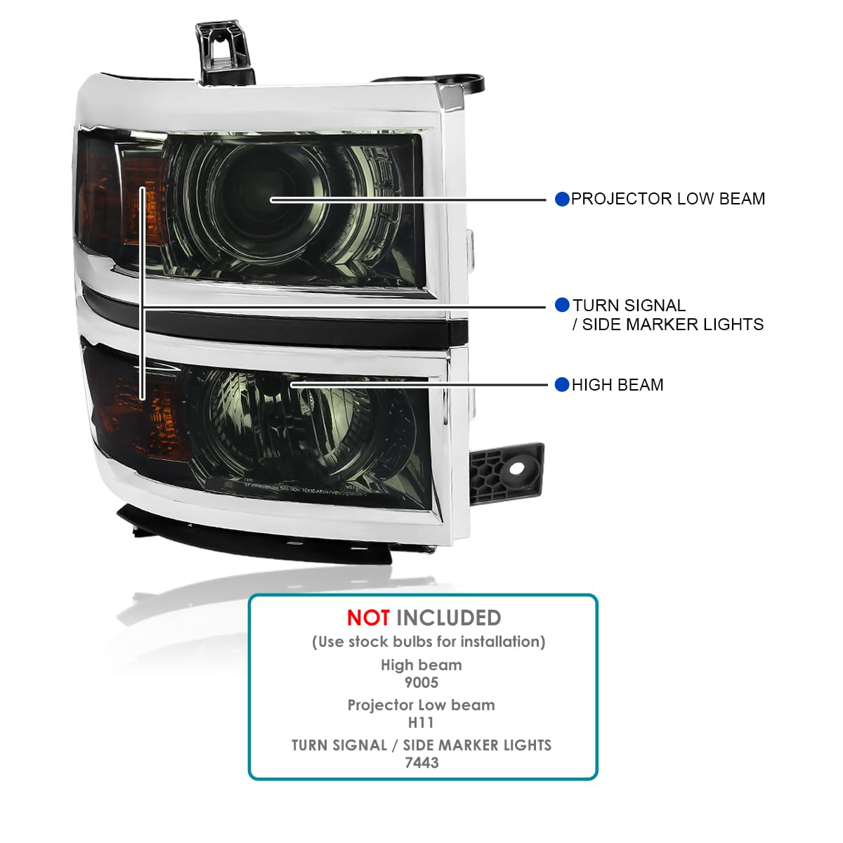 Smoke Projector Headlights w/Silver Trim SPEC-D TUNING Compatible with 2014-2015 Chevy Silverado 1500, Left + Right Pair Headlamps Assembly