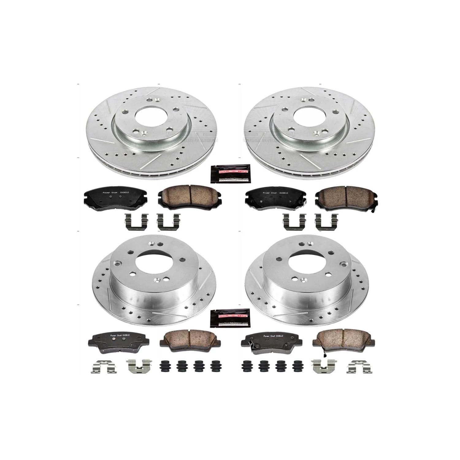 Power Stop K6303 Z23 Carbon Fiber Brake Pads Front and Rear with Drilled & Slotted Brake Rotors Kit For Kia Soul 2012-2013 [Model Specific]