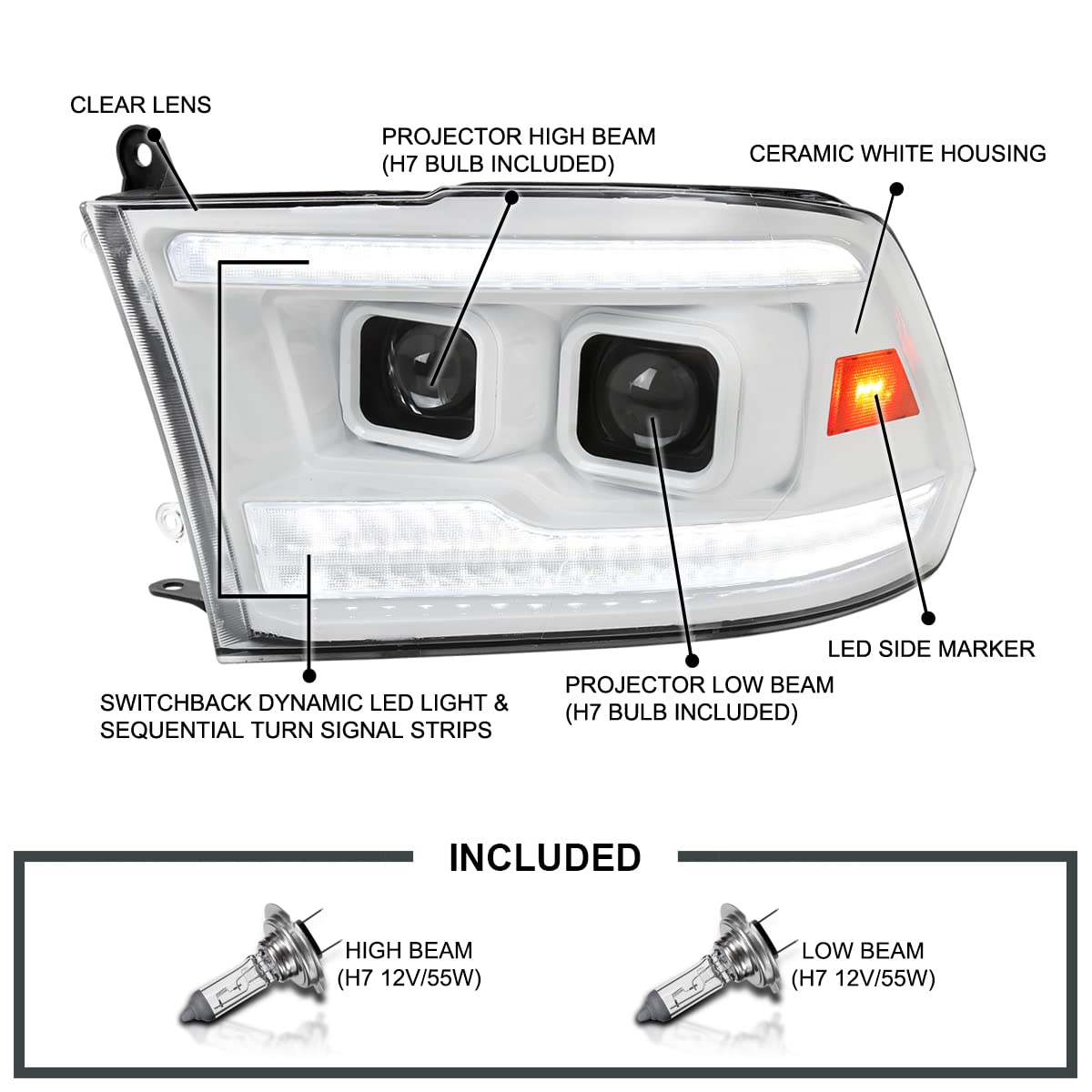Special Edition SPEC-D TUNING Arctic White Projector Headlights w/Sequential Switchback LED Signal and Startup Animation Compatible with 2009-2018 Dodge Ram, Left + Right Pair Headlamps Assembly