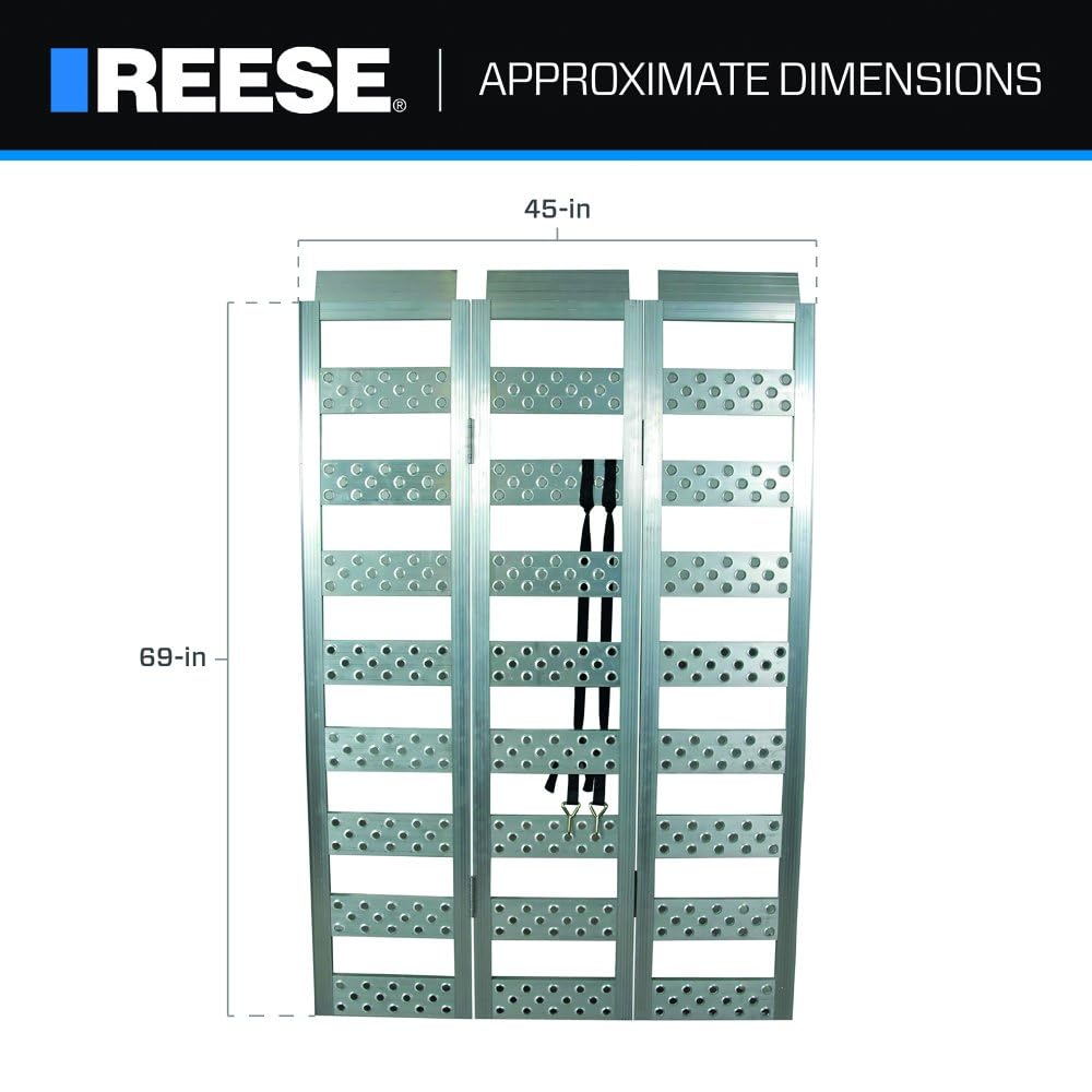 Reese Tri-fold 11272200 Aluminum Utility Ramp for ATVs, Snowmobiles, Dirt Bikes, Lawn Equipment, 45 Inch x 69 Inch, 1,600 lbs. Capacity