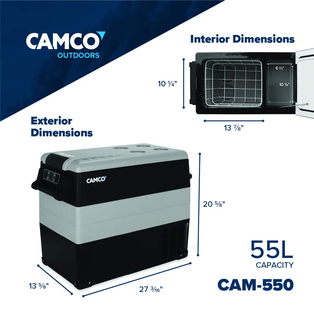 CAM-550 Camco 51518 Portable Refrigerator, AC 110V/DC 12V Compact Fridge/Freezer, 55-Liter - Keeps Food and Drinks Cold While On-The-Go - Ideal for Road Trips, RVing, Camping, Boating and Tailgating , Black