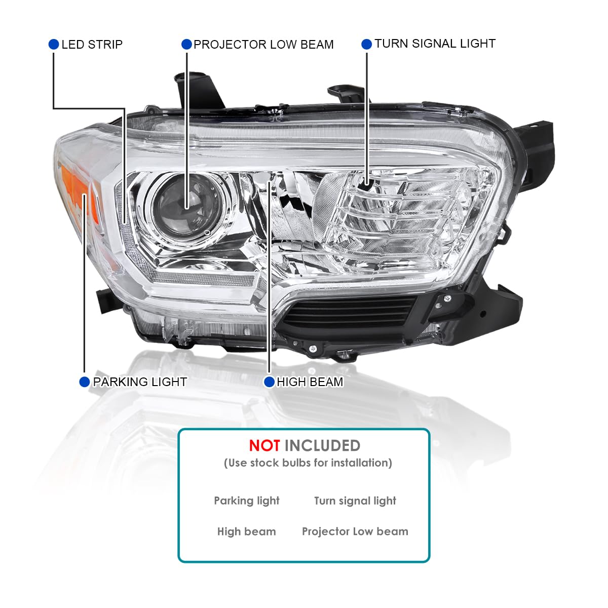 Chrome Projector Headlights SPEC-D TUNING w/LED Daytime Running Lights Compatible with 2016-2022 Toyota Tacoma, Left + Right Pair Headlamps Assembly