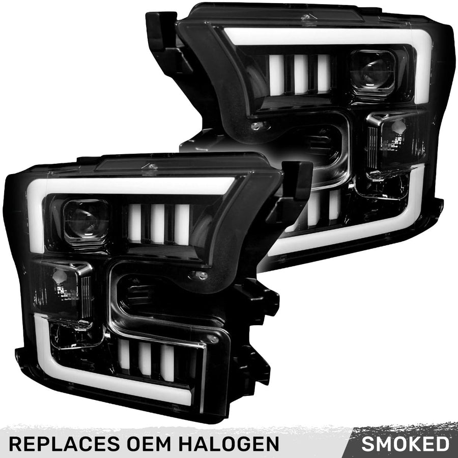 RECON - Projector Headlights Fits Ford 15-17 F150 Truck (Replaces Factory Halogen Headlights Only) with Ultra Bright White OLED DRL Smoked & Clear Lens Style