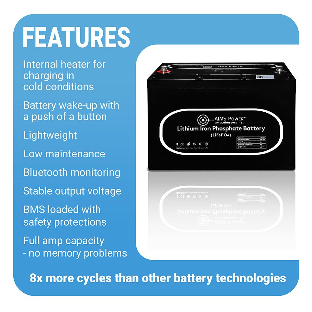 AIMS Lithium 12V LiFePO4 Battery 104Ah with Wake-Up, BT Monitoring & Internal Heater LFP12V104A