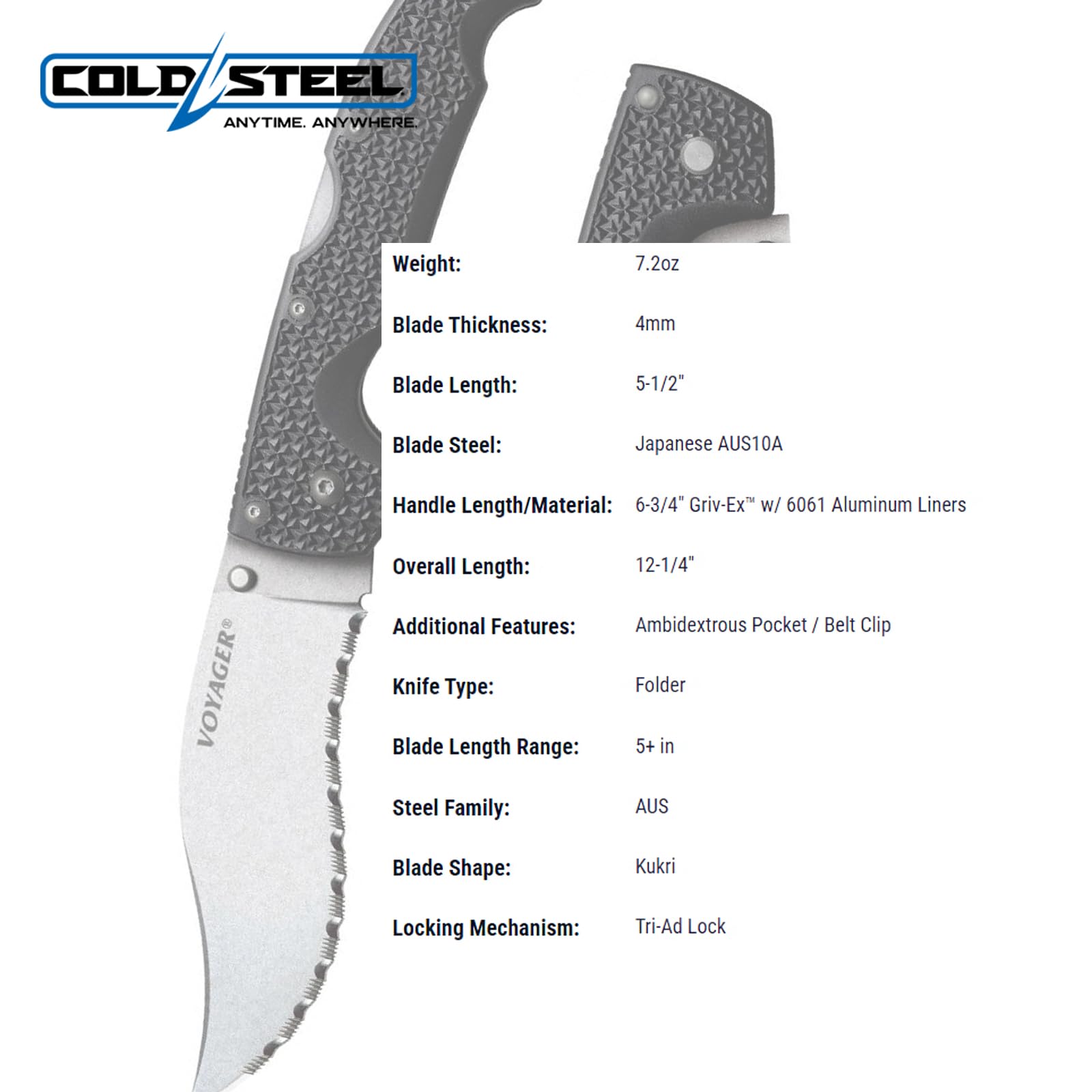 Cold Steel Vaquero XL Voyager 5.5" AUS10A Kukri Serrated Edge Razor-Sharp Blade 6.75" Griv-Ex Handle Everyday Carry Tactical Folding Knife