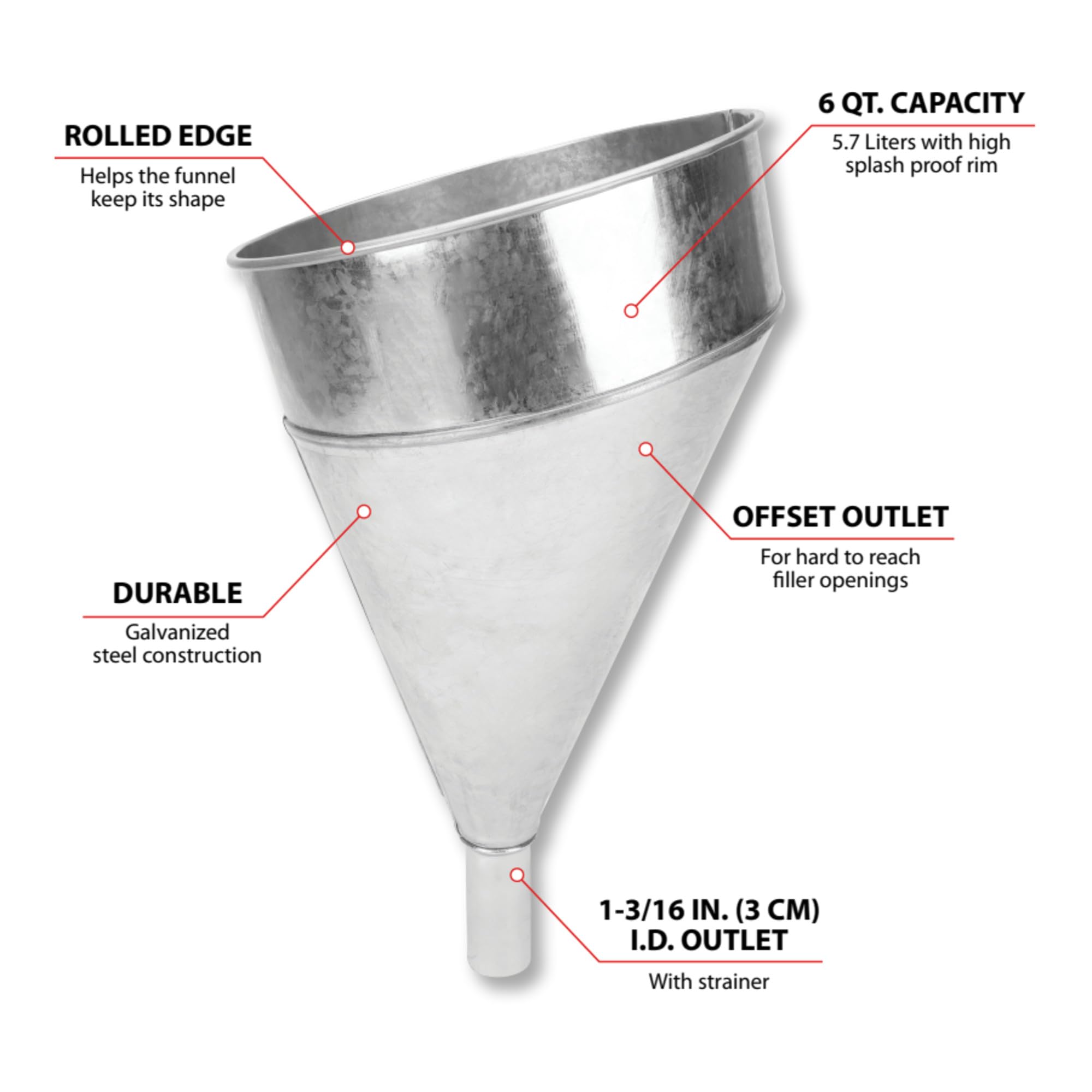 6 Quart Performance Tool W54299 Steel Galvanized Funnel, Features Offset Spout, Splash-Proof Rim, and Removable Strainer, Heavy Duty for Automotive and Shop Use, Weather-Resistant